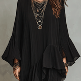 Elegantā asimetriskā melnā boho midi kleita ar krokām