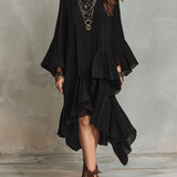 Elegantā asimetriskā melnā boho midi kleita ar krokām