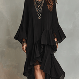 Elegantā asimetriskā melnā boho midi kleita ar krokām